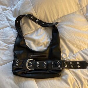 Black Faux Leather Grommet Belt Hobo Bag